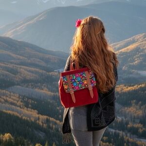 Flowered embroidered artisan red suede backpack adjustable straps